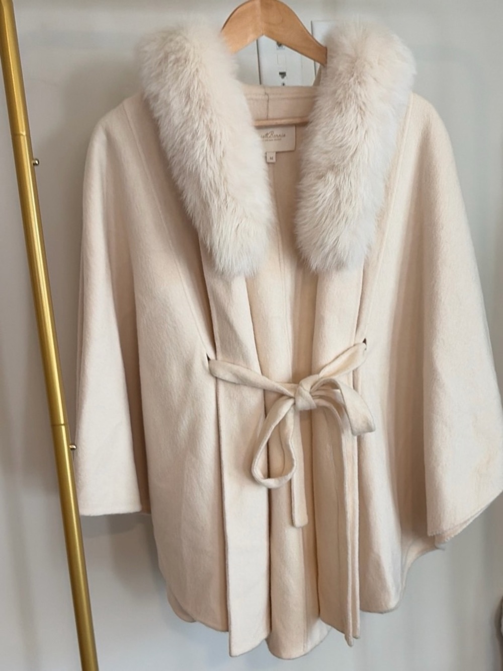 Cream Wool Blend Belted Coat with Faux Fur Collar